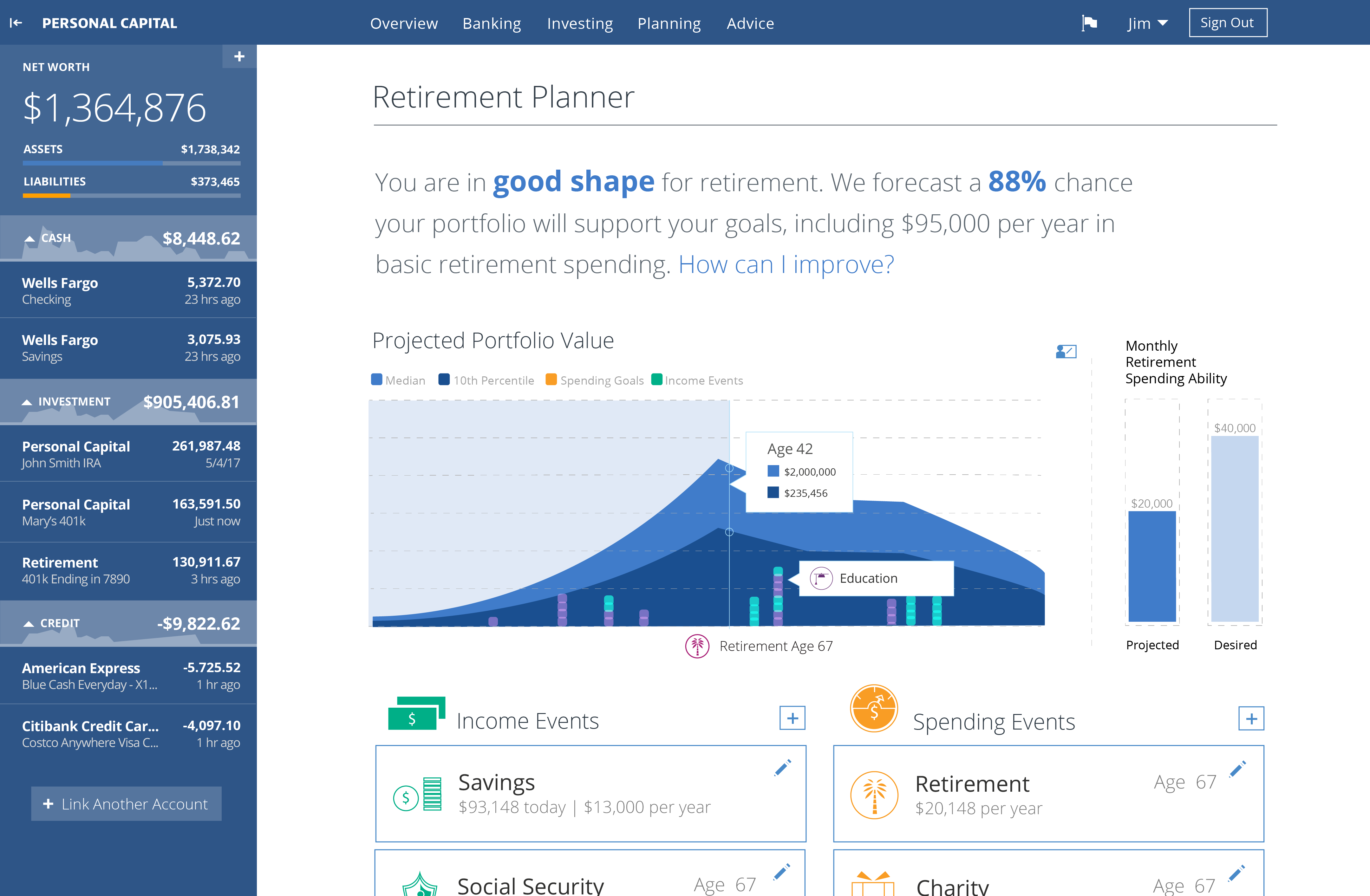 Personal Capital retirement planner showing a successful forecast.