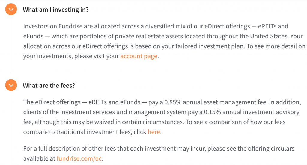 Fundrise showing its low annual fees.