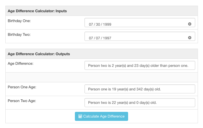 Калькулятор разницы в возрасте. Difference calculator.