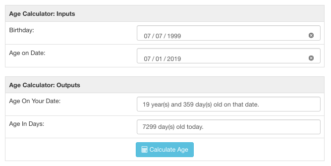 Age calculator screenshot showing days or days and years result for a calculation.