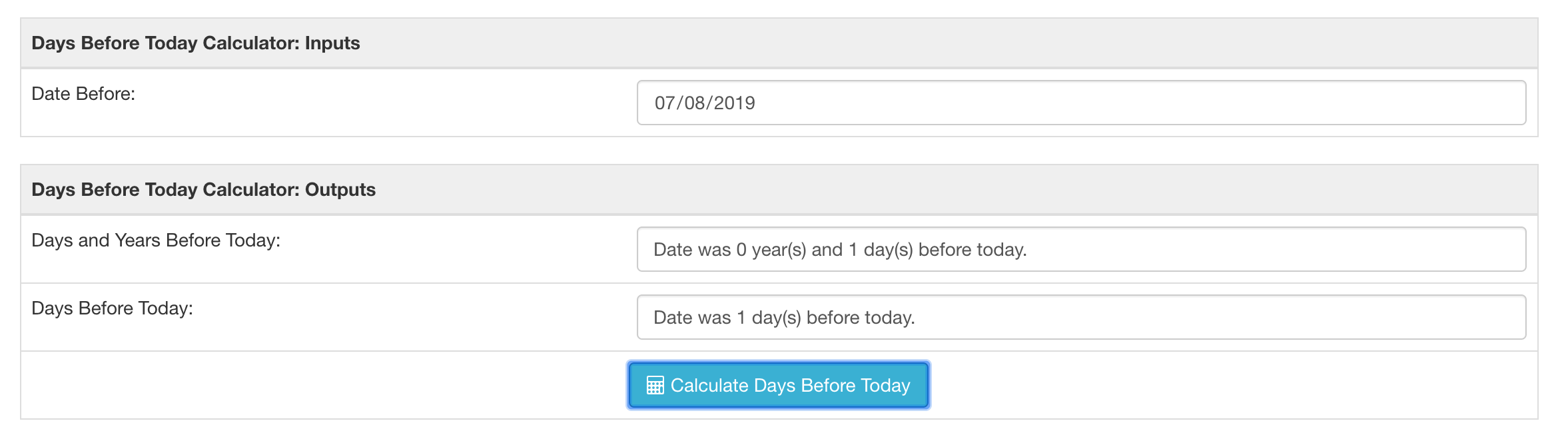 Days since date calculator result for July 8, 2019 start run on July 9, 2019.