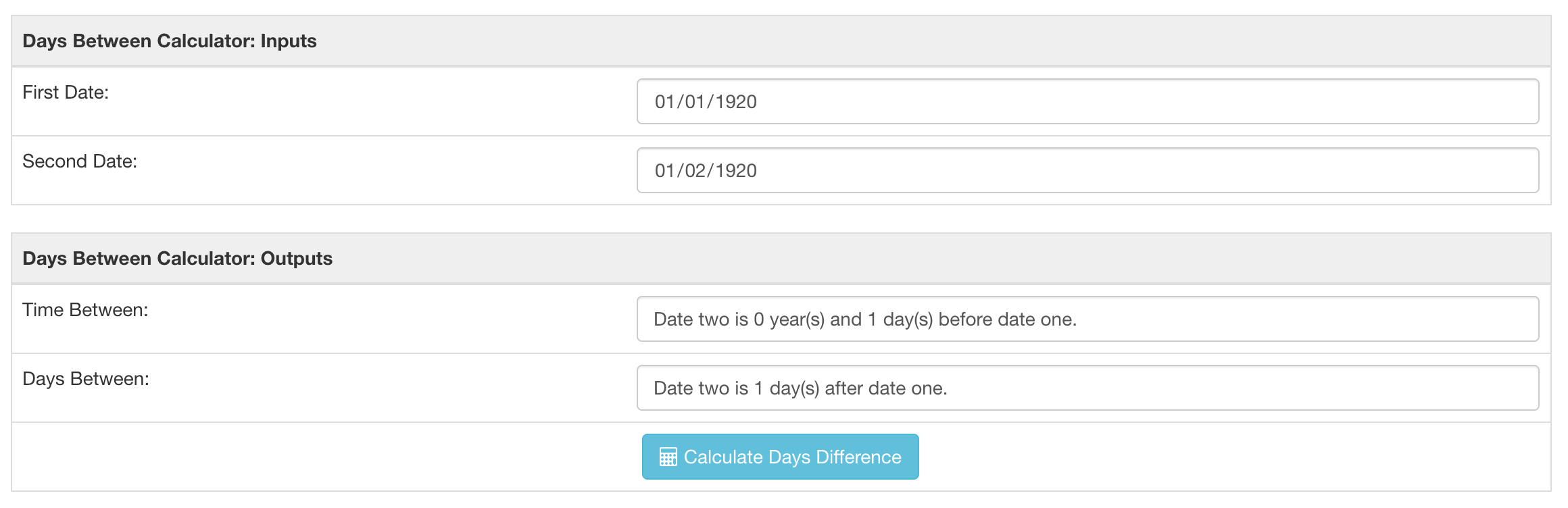 Days between calculator result for a date and the very next day.