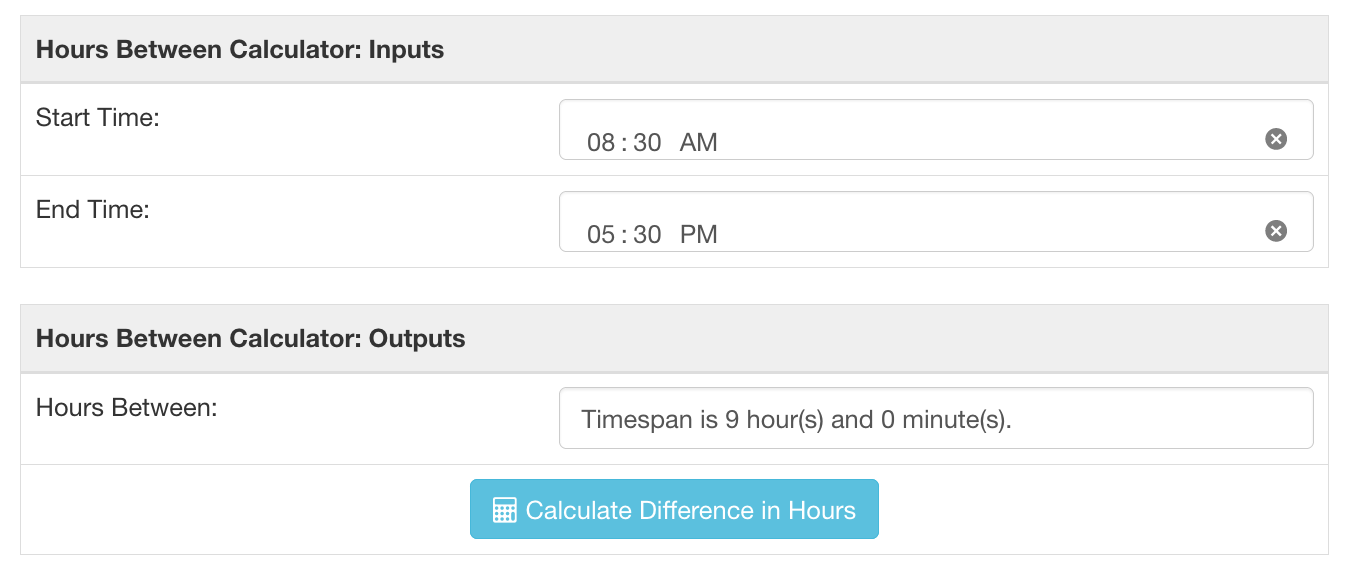 Hours between times calculator showing a 9 hour difference from 8:30 AM to 5:30 PM.