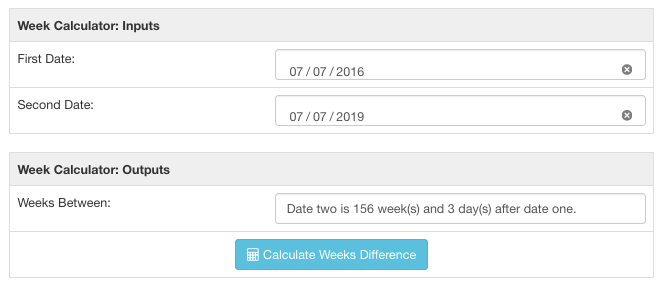 Weeks between calculator result for an example query.