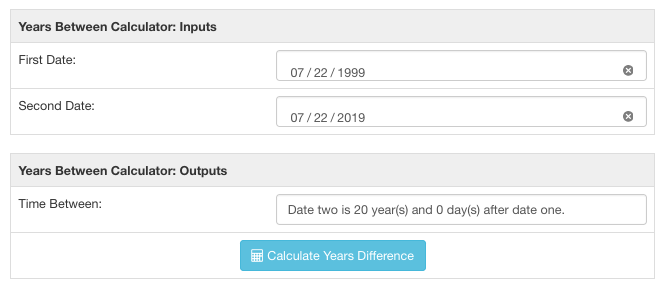 Year calculator after running the tool on two dates 20 years apart.