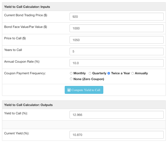 Yield to call calculator screenshot showing approximate yield on a bond callable in 5 years.