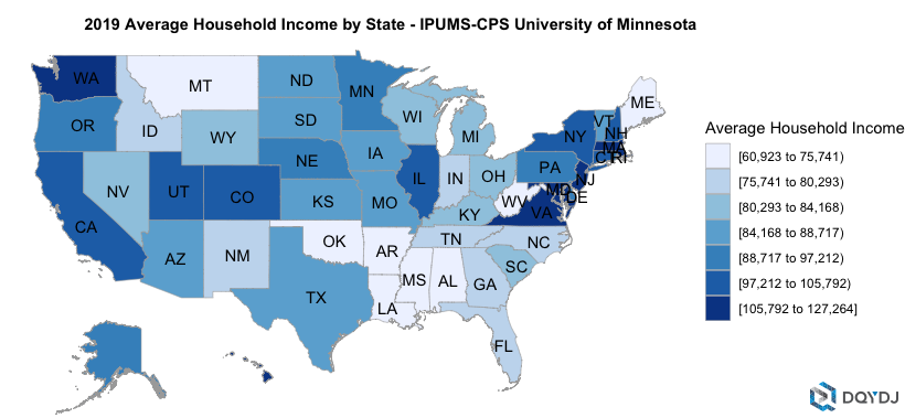 Choropleth of Average Household Income by State in 2019
