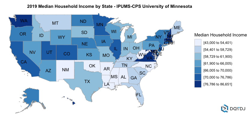 Choropleth of Median Household Income by State in 2019