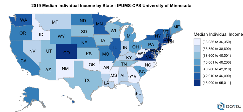 Choropleth of Median Individual Income by State in 2019
