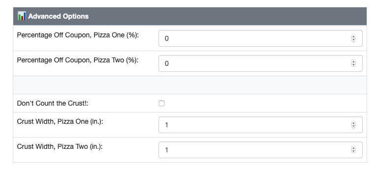 Advanced options for the pizza value comparison calculator, allowing you to enter coupons and crust size