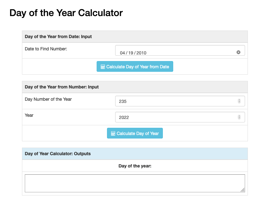 Screenshot of day of the year calculator showing how to go from number to date or vice versa