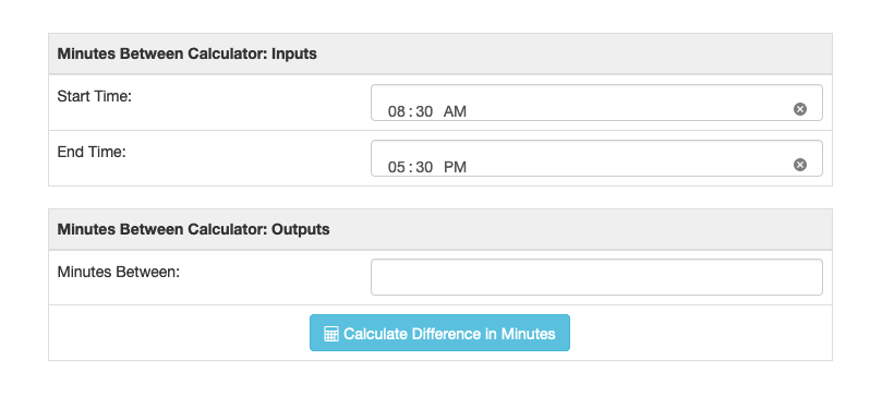 Minutes calculator screenshot showing timeframe input