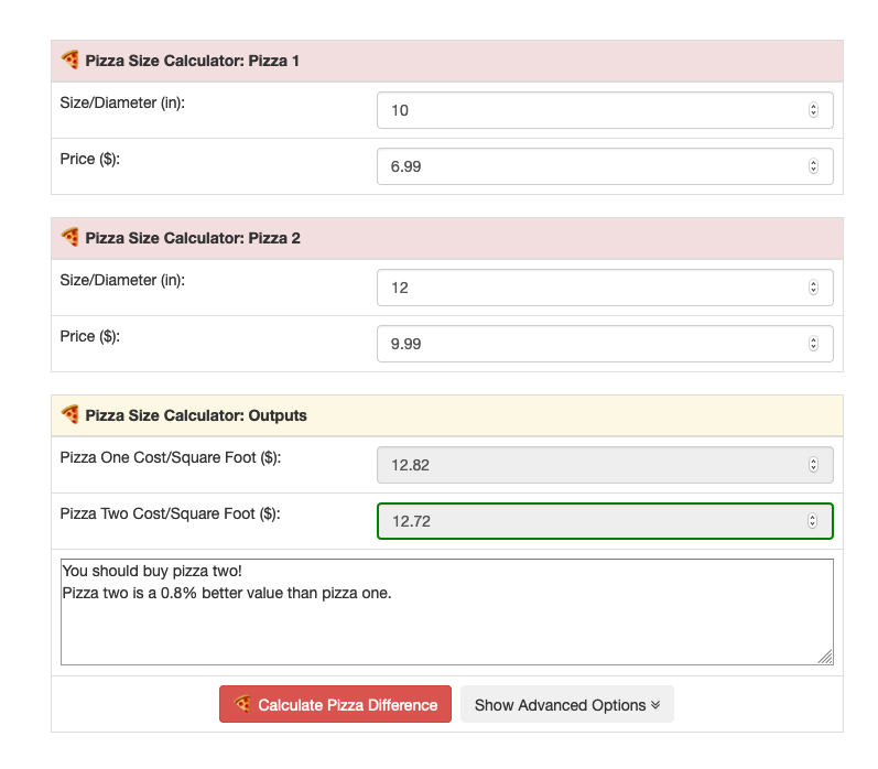 Overview of the pizza comparison calculator with entries for size and price.