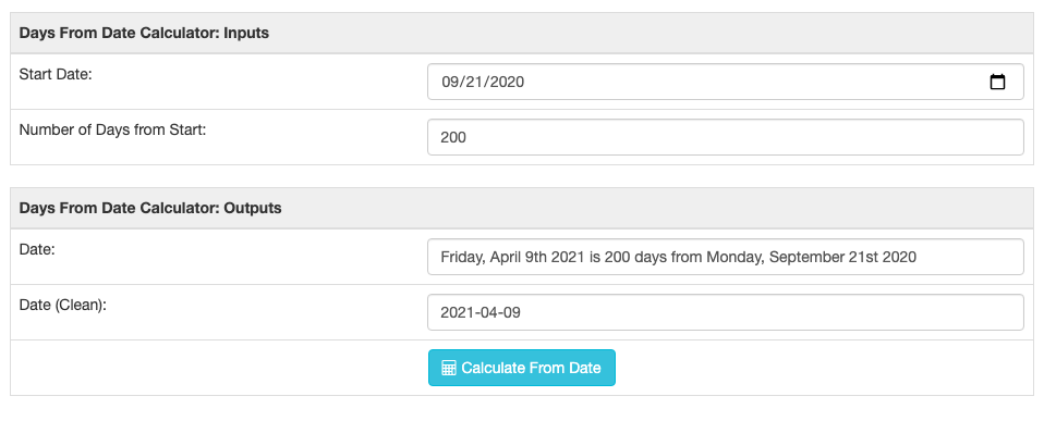 Days from now calculator screenshot showing a run