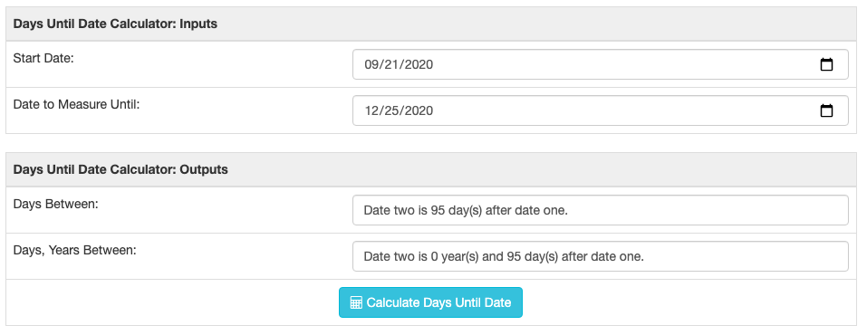 Days until date tool showing a date calculation