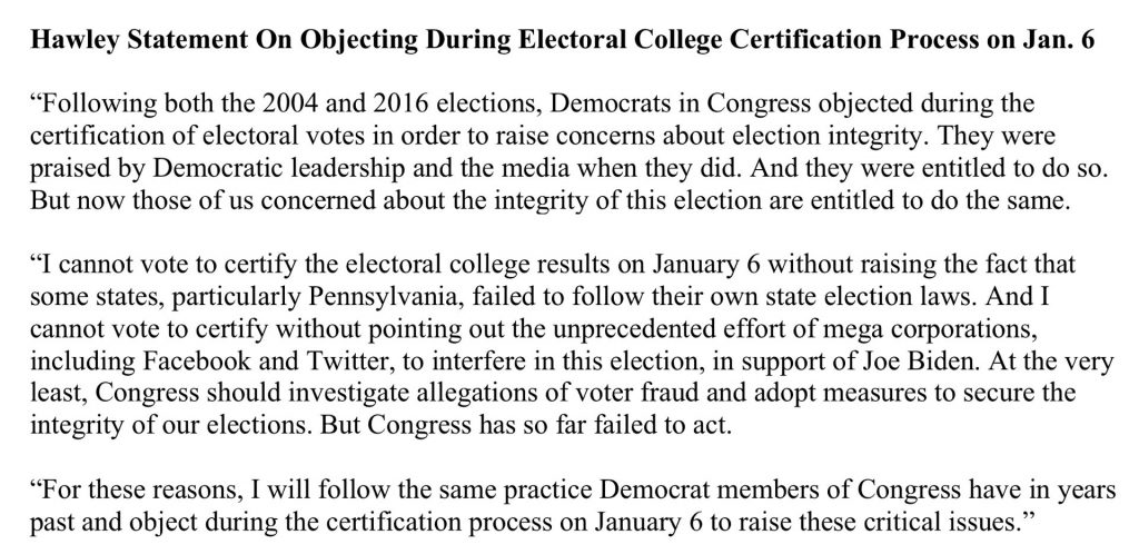 Josh Hawley's statement on December 30, 2020 stating he'll raise concerns about voting integrity on January 6.