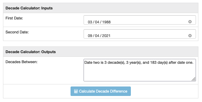 Decades between calculator sample run