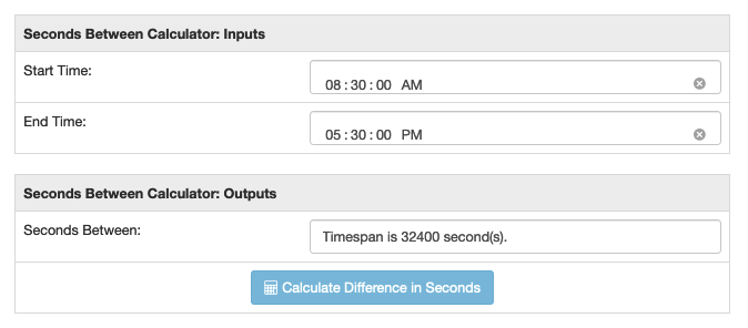 Seconds difference calculator run for a standard work shift