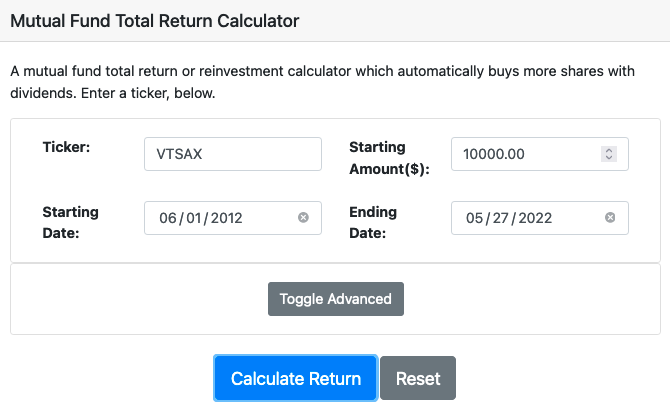 Mutual fund return calculator basic input fields.