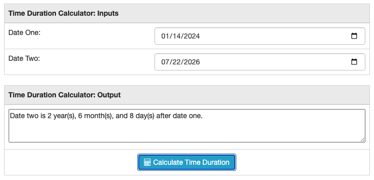 Date duration calculator input and output example screenshot