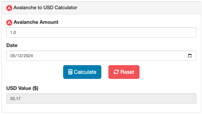 Avalanche to USD Calculator Screenshot