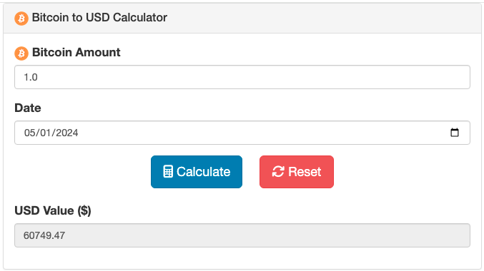 Bitcoin to USD Calculator Screenshot