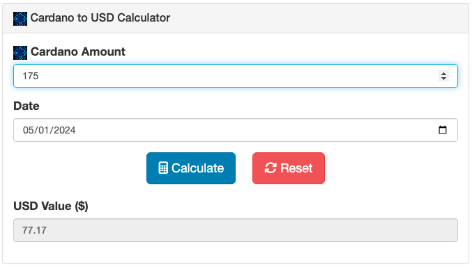 Cardano to USD Calculator Screenshot