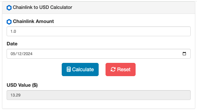 Screenshot of the Chainlink to dollar calculator.