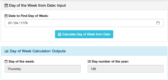 Screenshot of the day of the week calculator