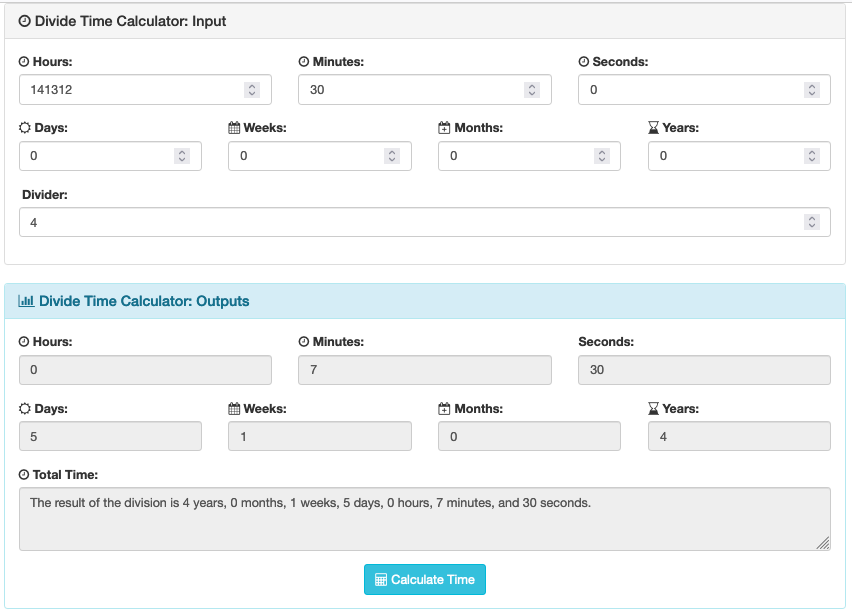 Screenshot of the time division calculator in action