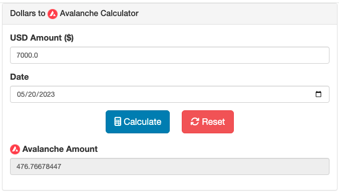 Screenshot of the Dollars to Avalanche Calculator
