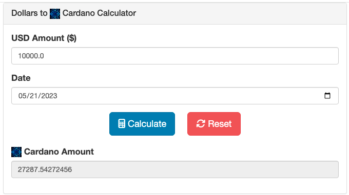 Screenshot of the USD to Cardano Calculator