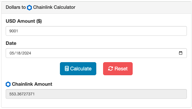 Screenshot of the Dollars to Chainlink Calculator