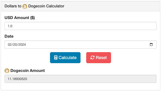 Screenshot of the Dollars to Dogecoin Calculator