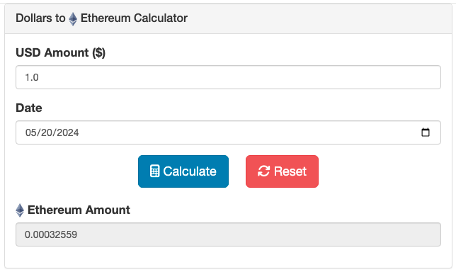 Screenshot of the USD to Ethereum Calculator