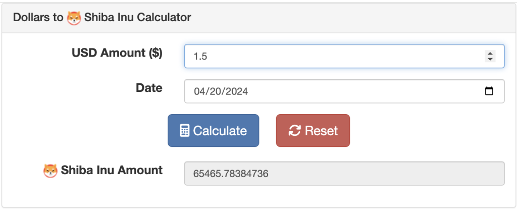 Dollars to Shiba Inu Calculator Screenshot