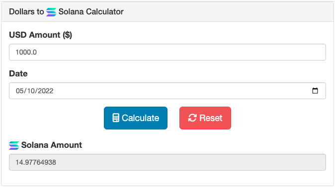 Screenshot of the dollars to Solana Calculator