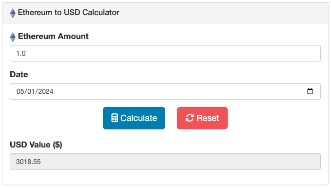 Ethereum to USD Calculator Screenshot.
