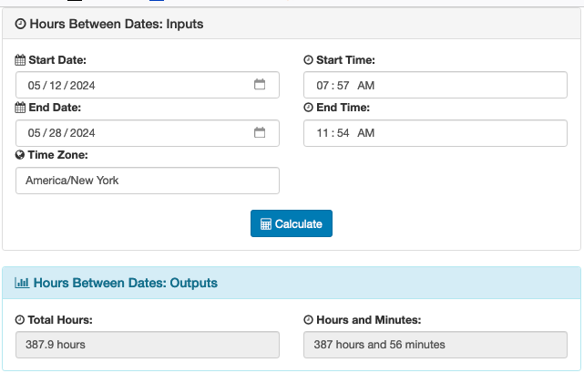Screenshot of the hours between dates tool
