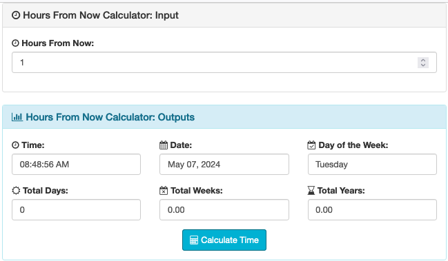 Hours from now calculator screenshot.