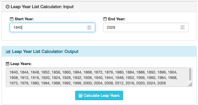 The leap year list calculator in action