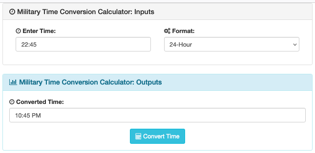 Screenshot of the 12 and 24 hour conversion calculator.