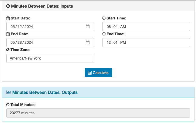 Screenshot of the minutes between dates calculator.