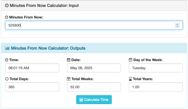 Minutes from now calculator screenshot.