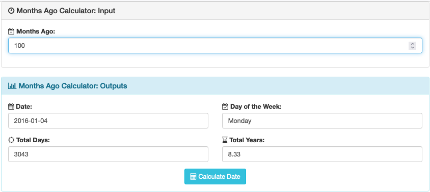 Screenshot of a calculation on the months ago calculator