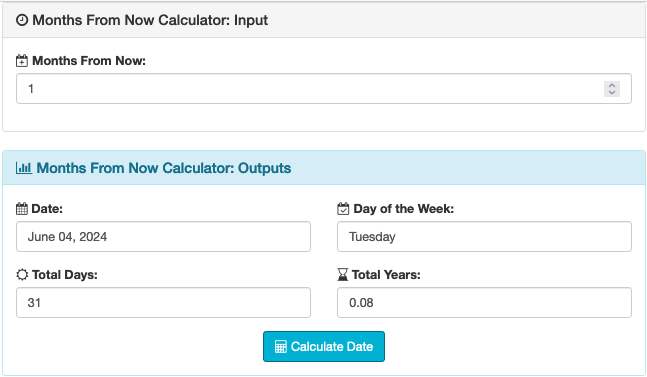 Screenshot from the months from now calculator