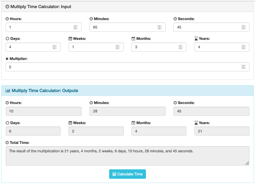 Screenshot of the multiply time calculator