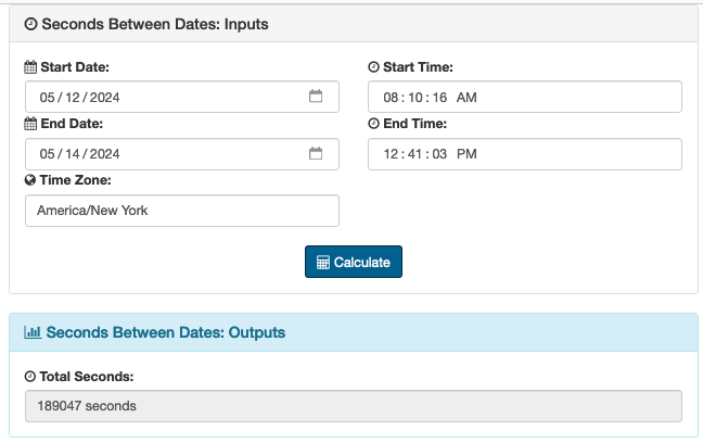 Seconds between dates calculator screenshot.