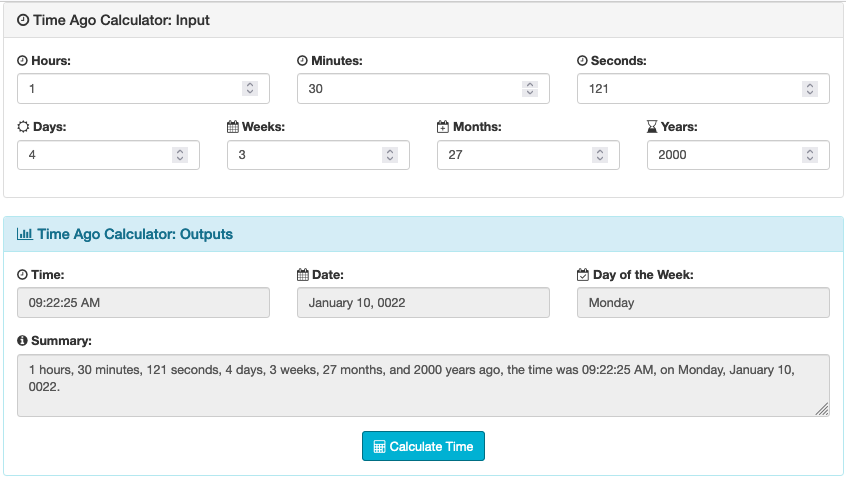 Screenshot of the time ago calculator