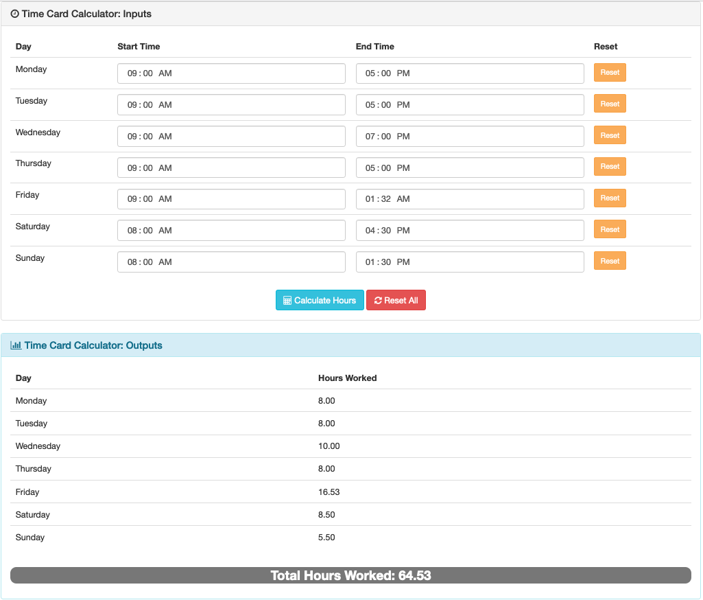 Time card calculator in action